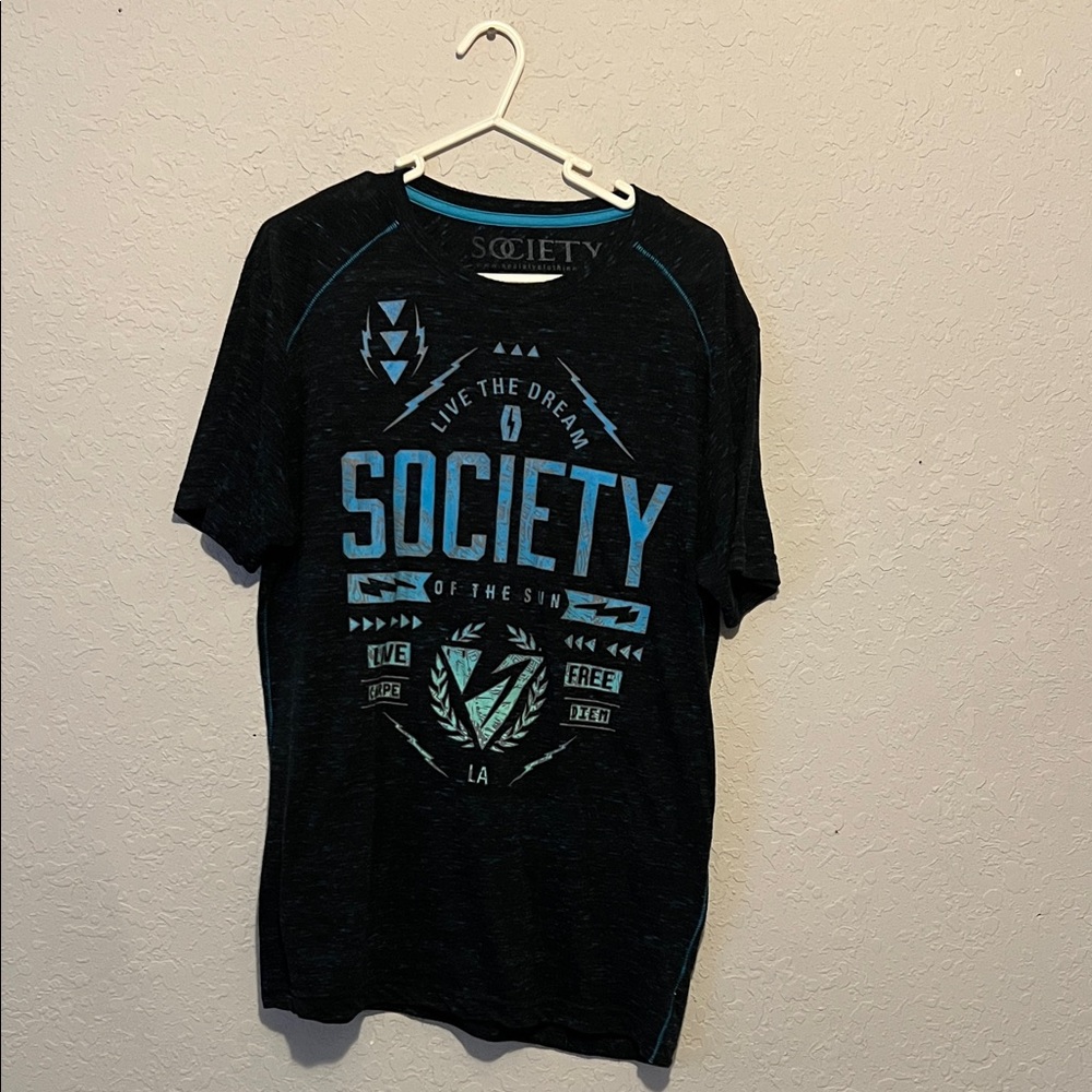 Society Black Tee with Blue Graphic